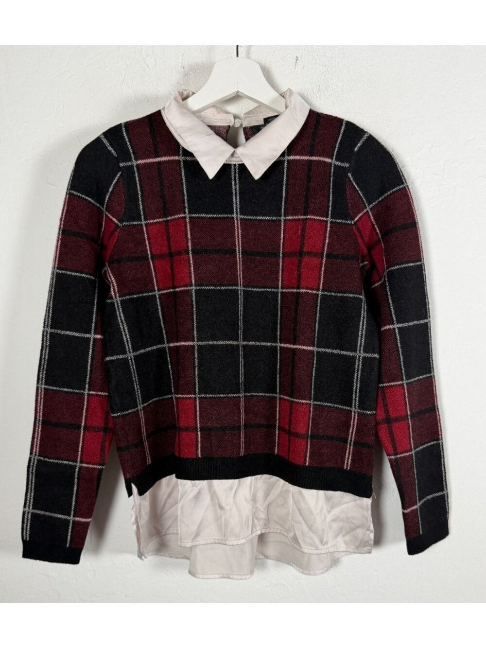 Tahari Plaid Layered Look Collared Sweater Top Medium Preppy Faux Shirt Combo